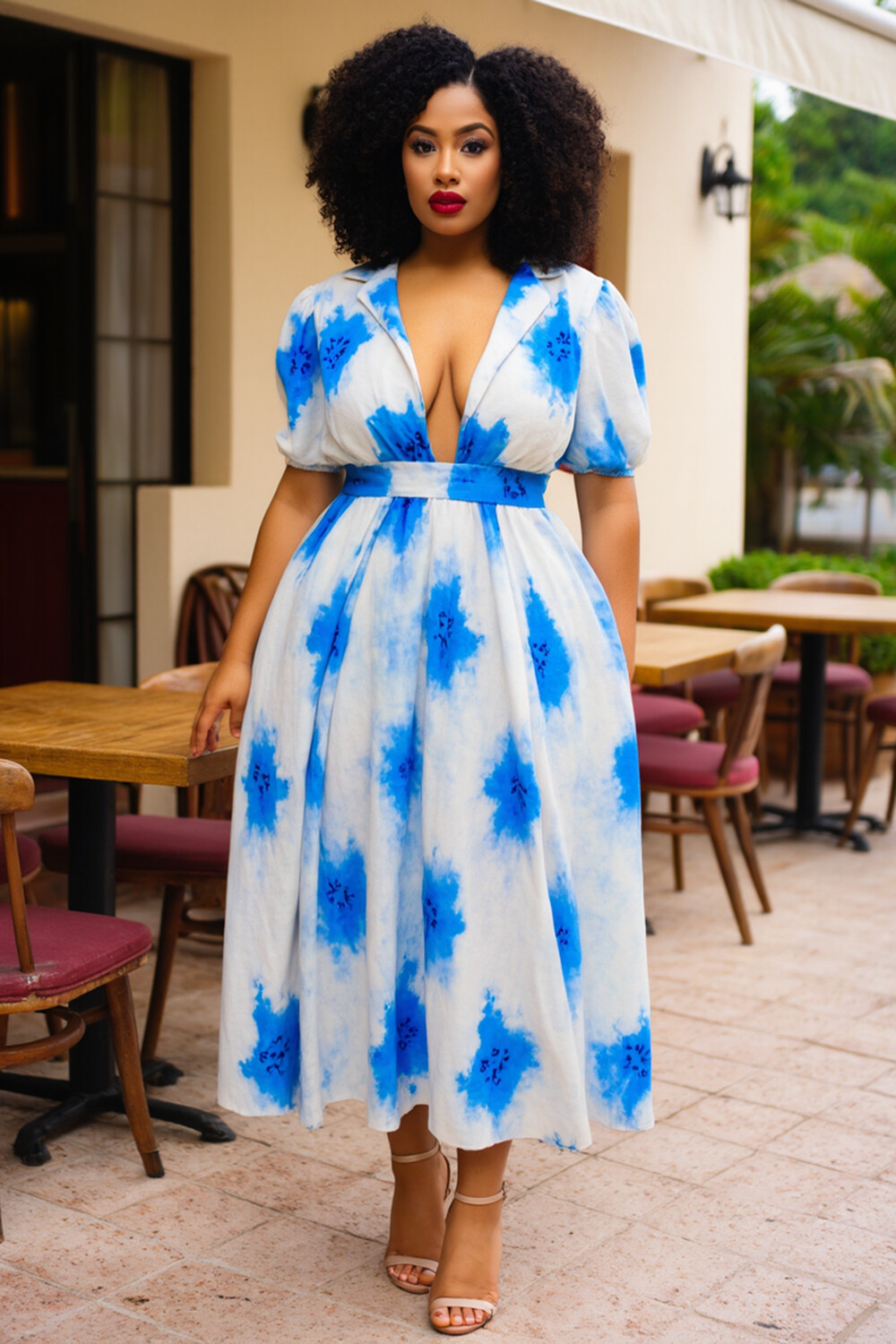 Tie Dye Print Lapel Collar Puff Sleeve Vacay Maxi Dresses-Blue [Pre Order]