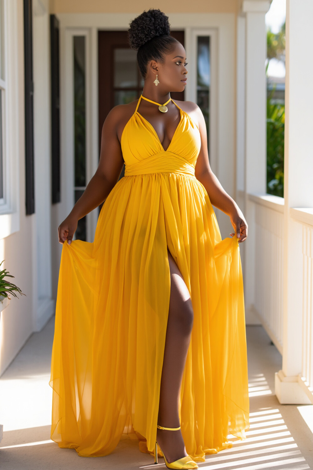 V Neck Halter Gathered Hem High Slit Vacation Maxi Dresses-Yellow [Pre Order]