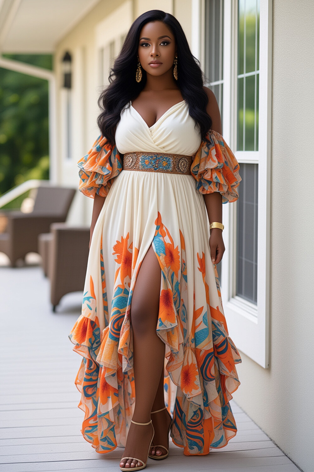 Floral Print Ruffle Sleeve Irregular Vacation Maxi Dresses-Beige [Pre Order]
