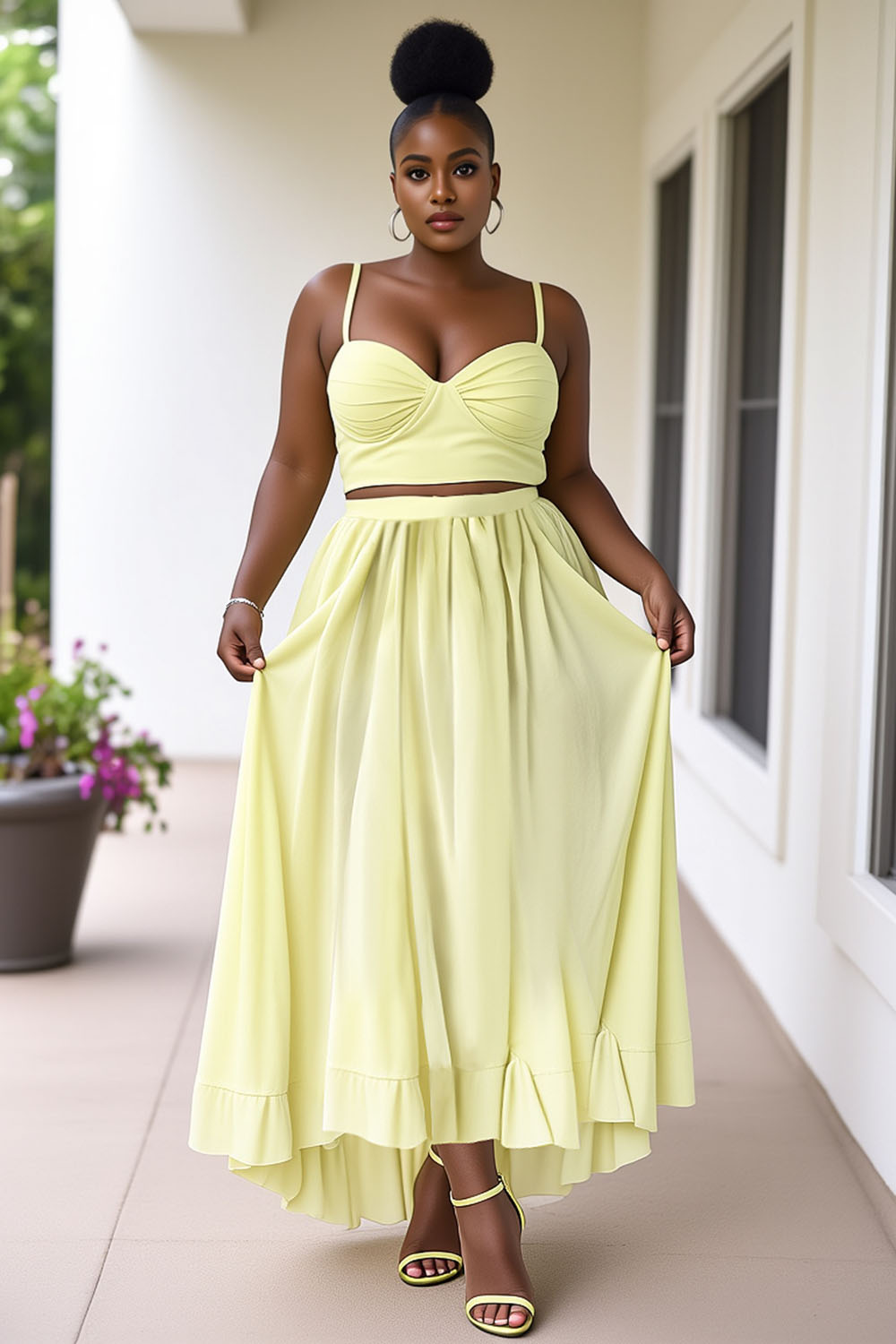 Cami Crop Top Ruffle Mullet Maxi Skirt Vacation 2pcs Set-Yellow [Pre Order]