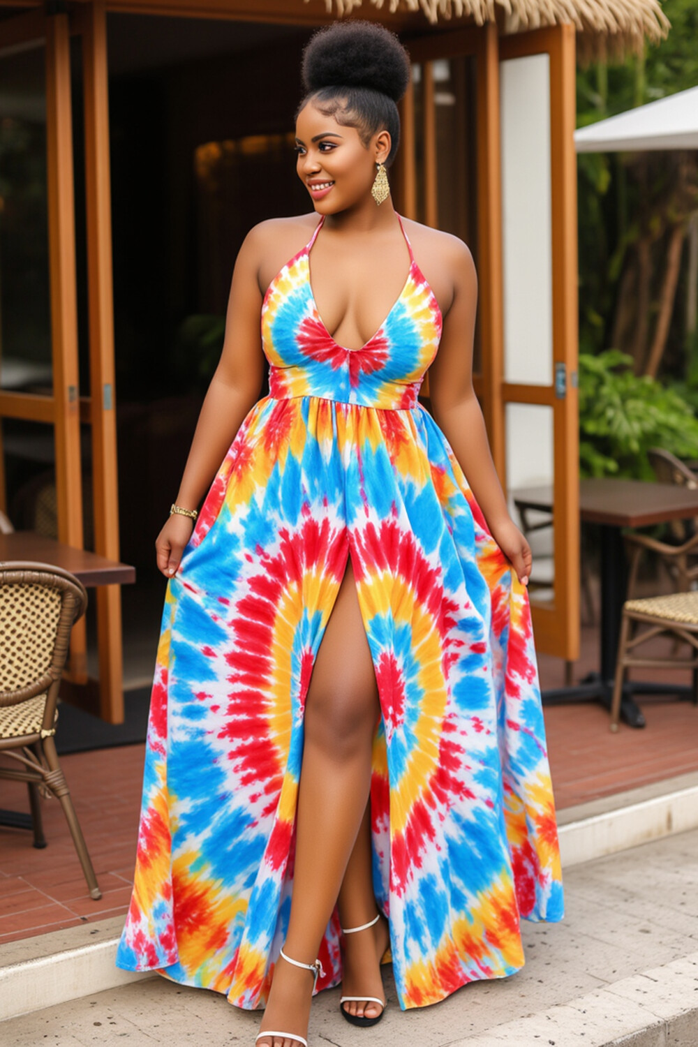 Halter V Neck Front Slit Tie Dye Print Vacation Maxi Dresses-Blue [Pre Order]