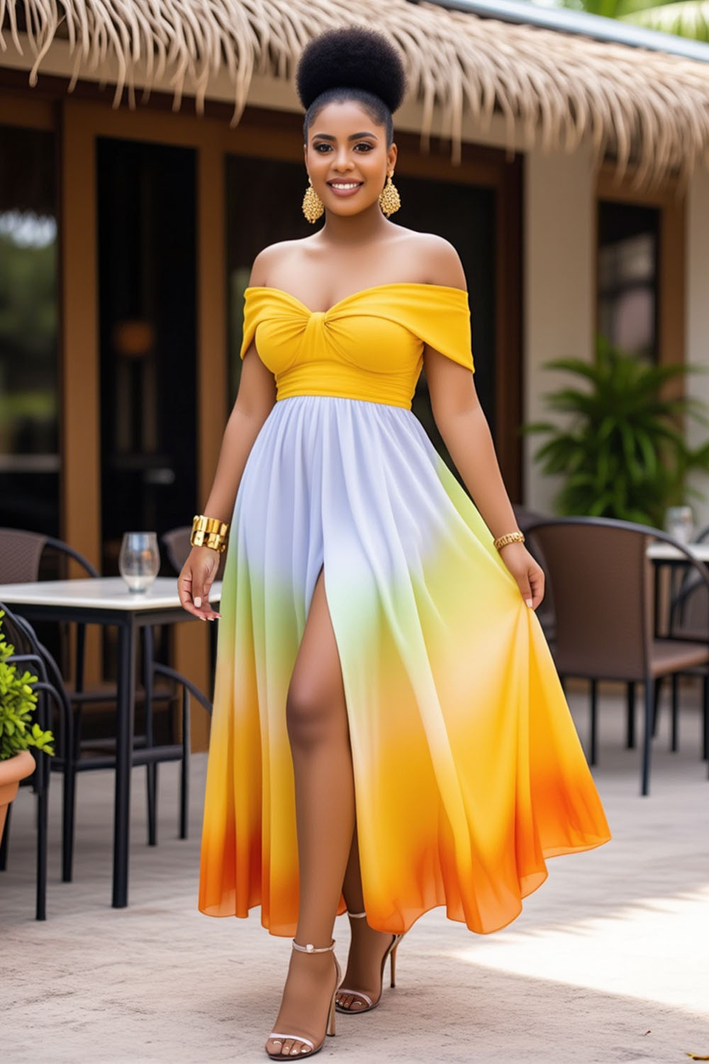 Off Shoulder Ombre Print High Slit Party Maxi Dresses-Yellow [Pre Order]