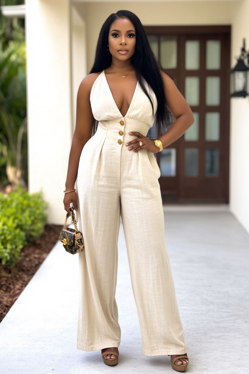 V Neck Button Up Cinched Sleeveless Wide Leg Jumpsuit-Beige [Pre Order]