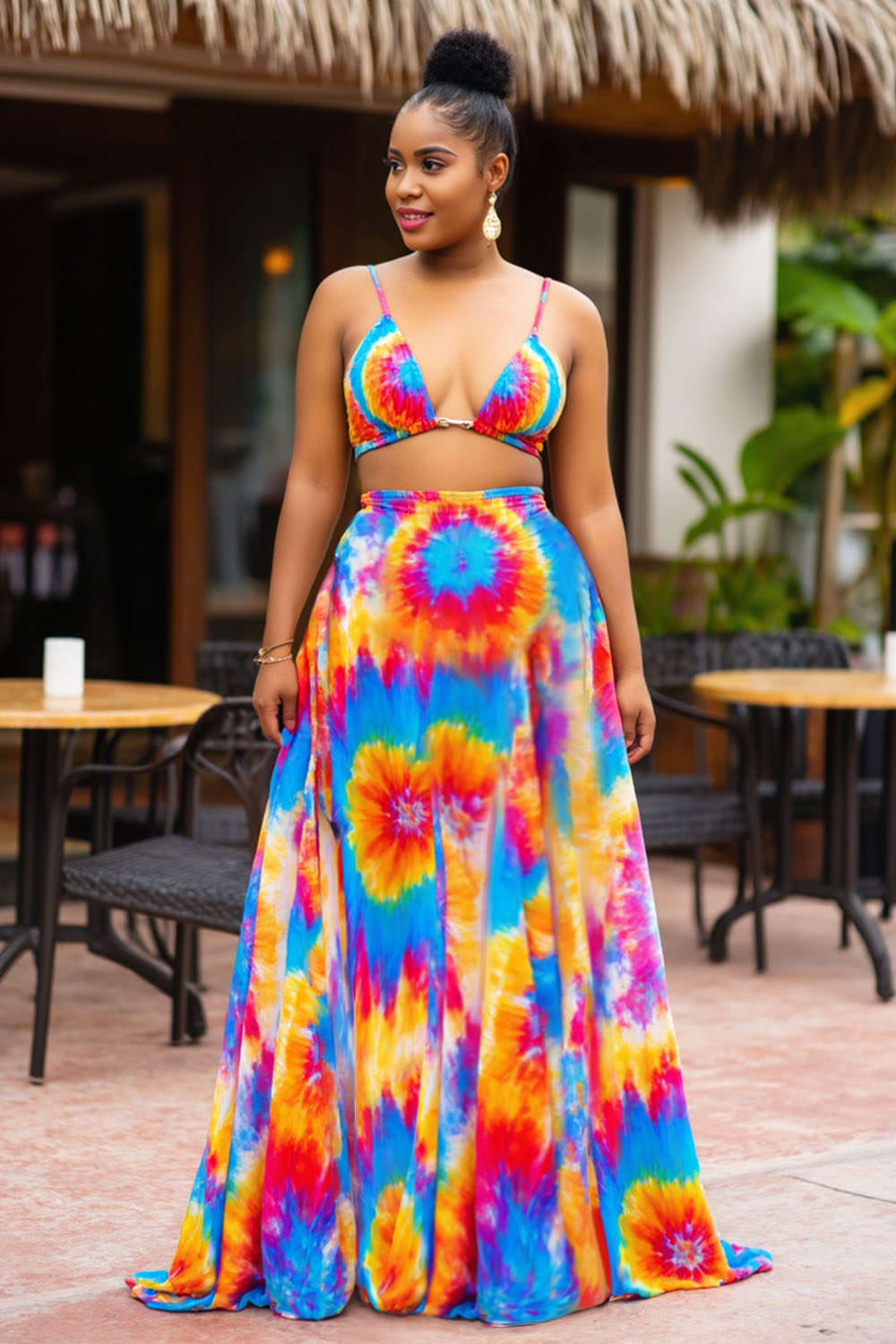 Tie Dye Print Bikini Top Maxi Skirt Vacation 2pcs Set-Multicolor [Pre Order]
