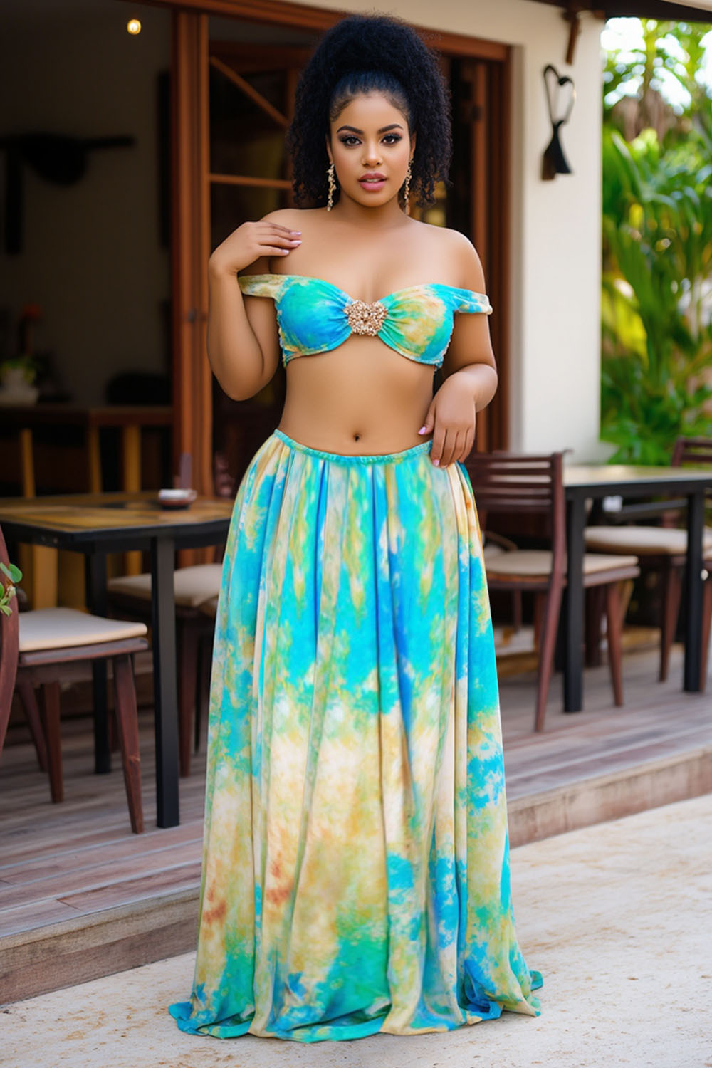 Off Shoulder Crop Top Gathered Maxi Skirt Vacation 2pcs Set-Blue [Pre Order]