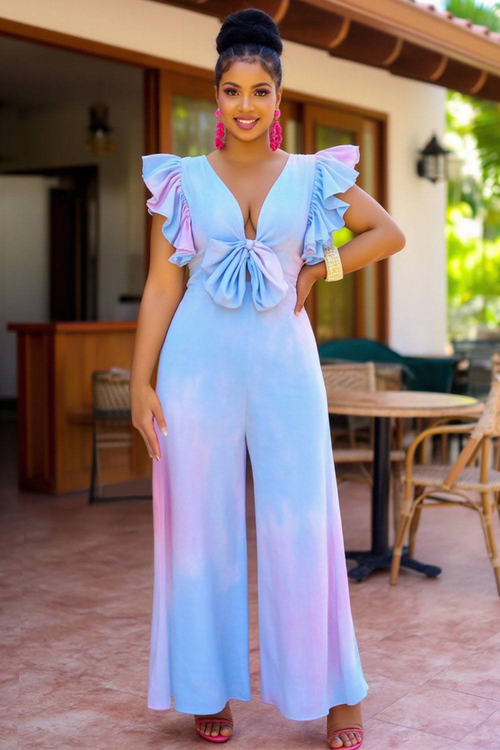 Ruffle Bow V Neck Ombre Print Party Wide Leg Jumpsuit-Blue [Pre Order]