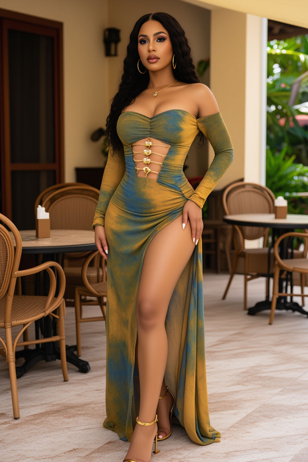 Off Shoulder Tied Up Slit Ombre Print Party Maxi Dresses-Khaki [Pre Order]