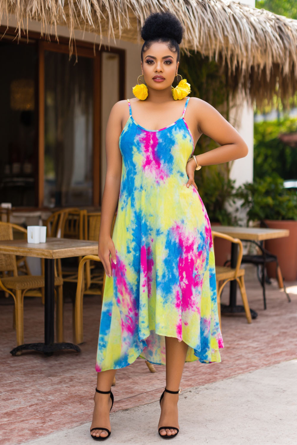 Tie Dye Print Crew Neck Vacation Slip Midi Dresses-Multicolor [Pre Order]