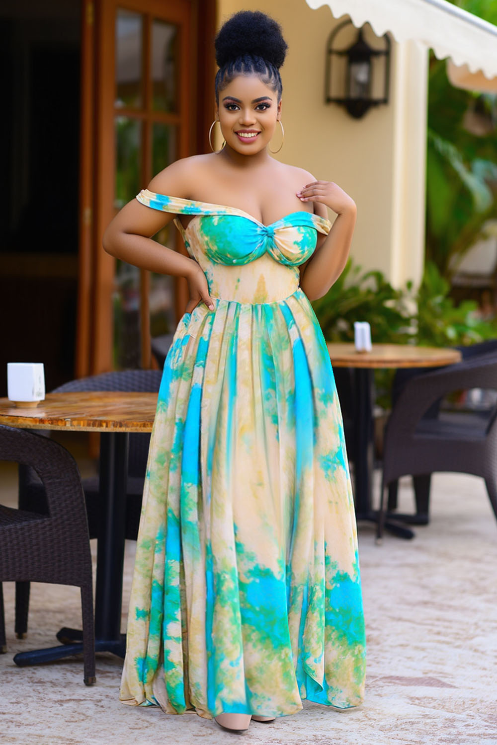 Tie Dye Print Off Shoulder Pleated Vacation Maxi Dresses-Blue [Pre Order]