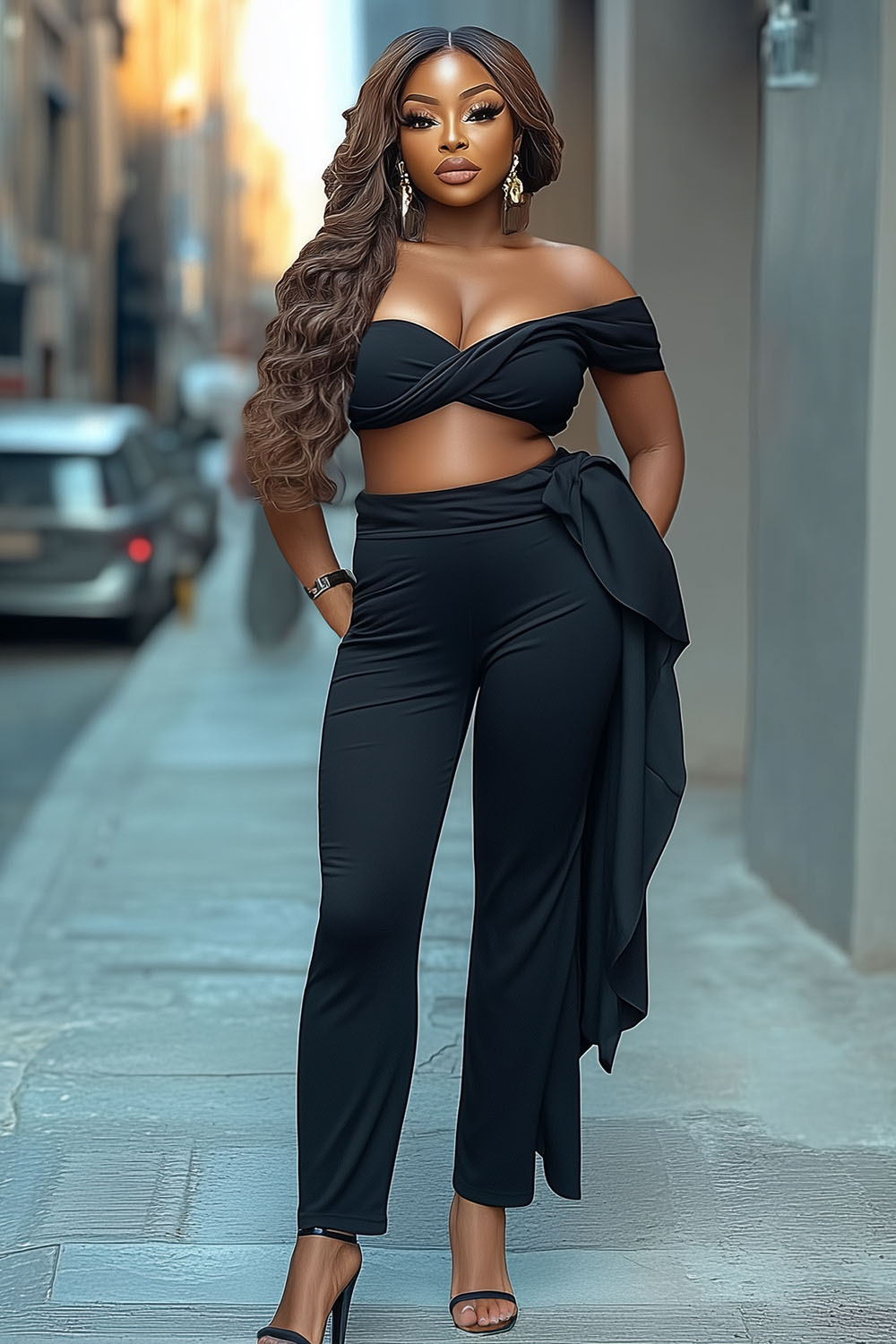 Off Shoulder Twisted Crop Top Sash Decor Pants 2pcs Set-Black [Pre Order]