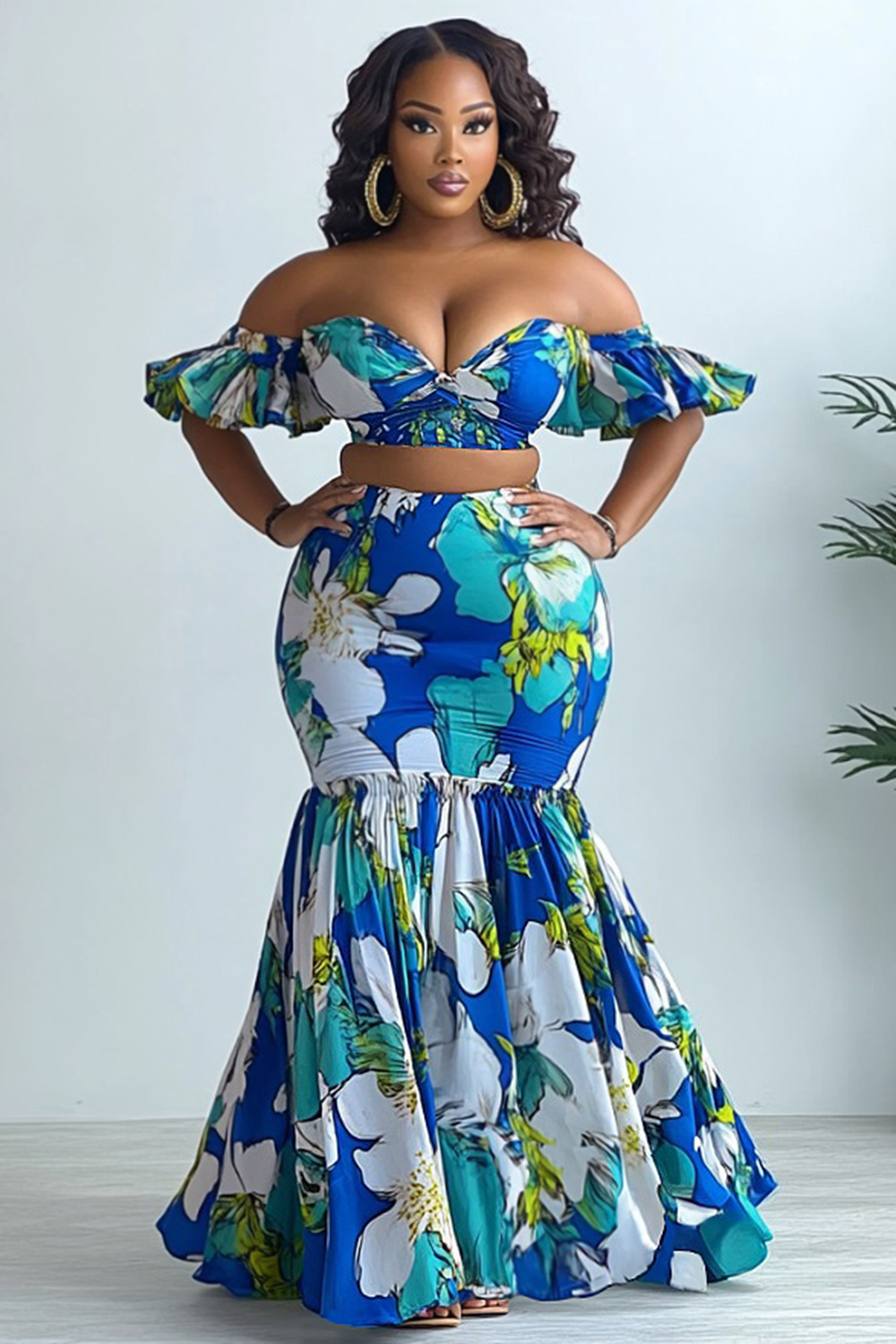 Floral Off Shoulder Ruffle Top Fishtail Maxi Skirt 2pcs Set-Blue [Pre Order]