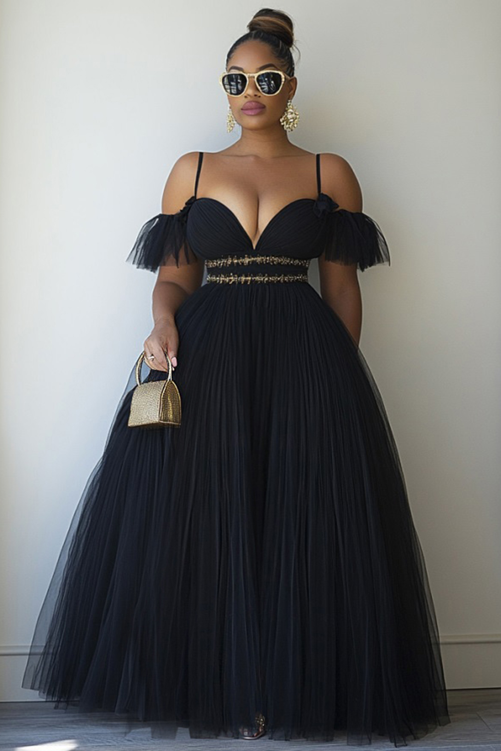 Cold Shoulder Cinched Formal Party Maxi Tulle Dresses-Black [Pre Order]