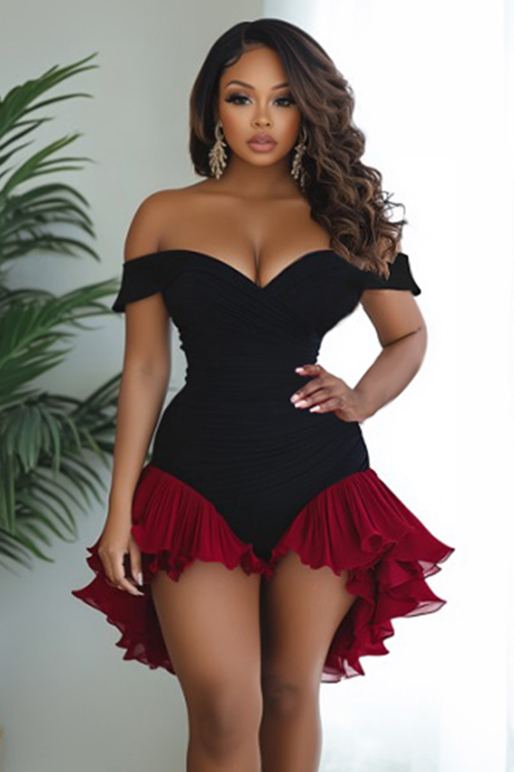 Off Shoulder Contrast High Low Hem Party Mini Dresses-Black [Pre Order]