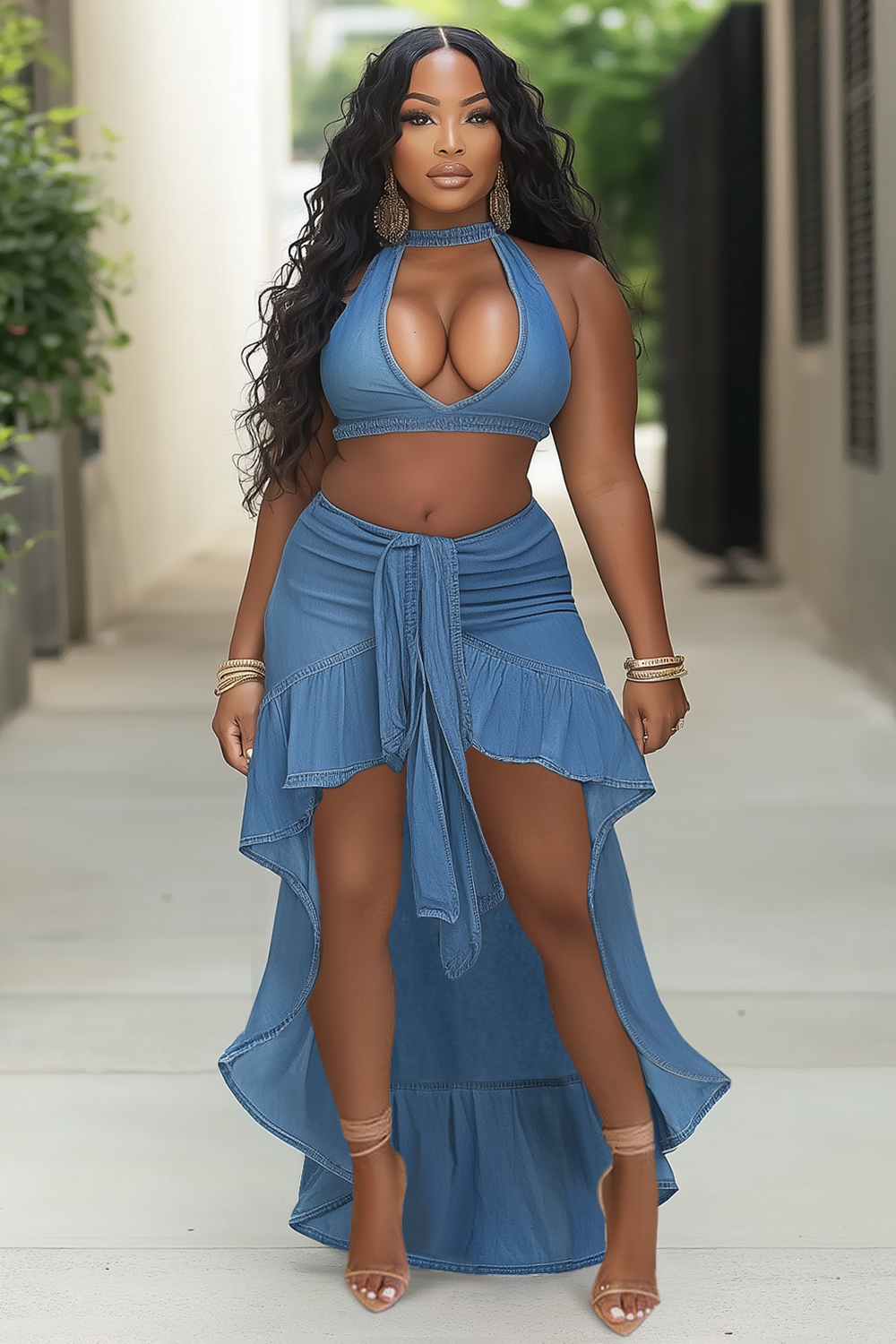 Cutout Crop Top Ruffle Mullet Maxi Skirt Denim 2pcs Set-Blue [Pre Order]