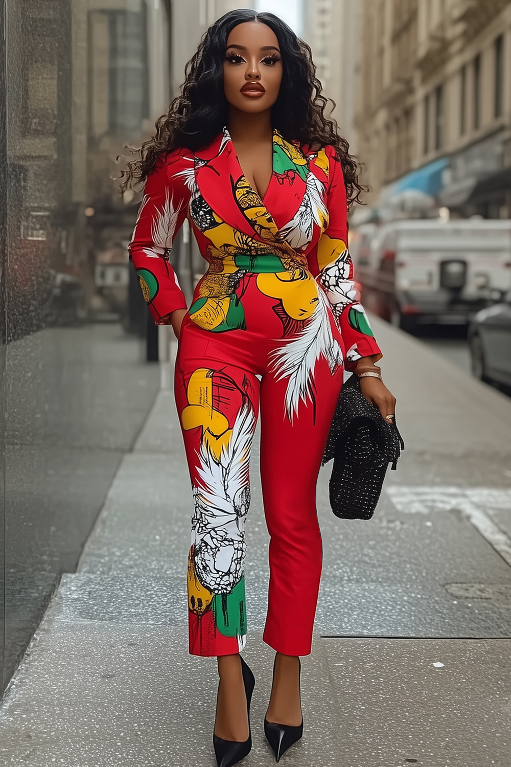 Floral Print Lapel Collar Long Sleeve Slim-Fit Jumpsuit-Red [Pre Order]