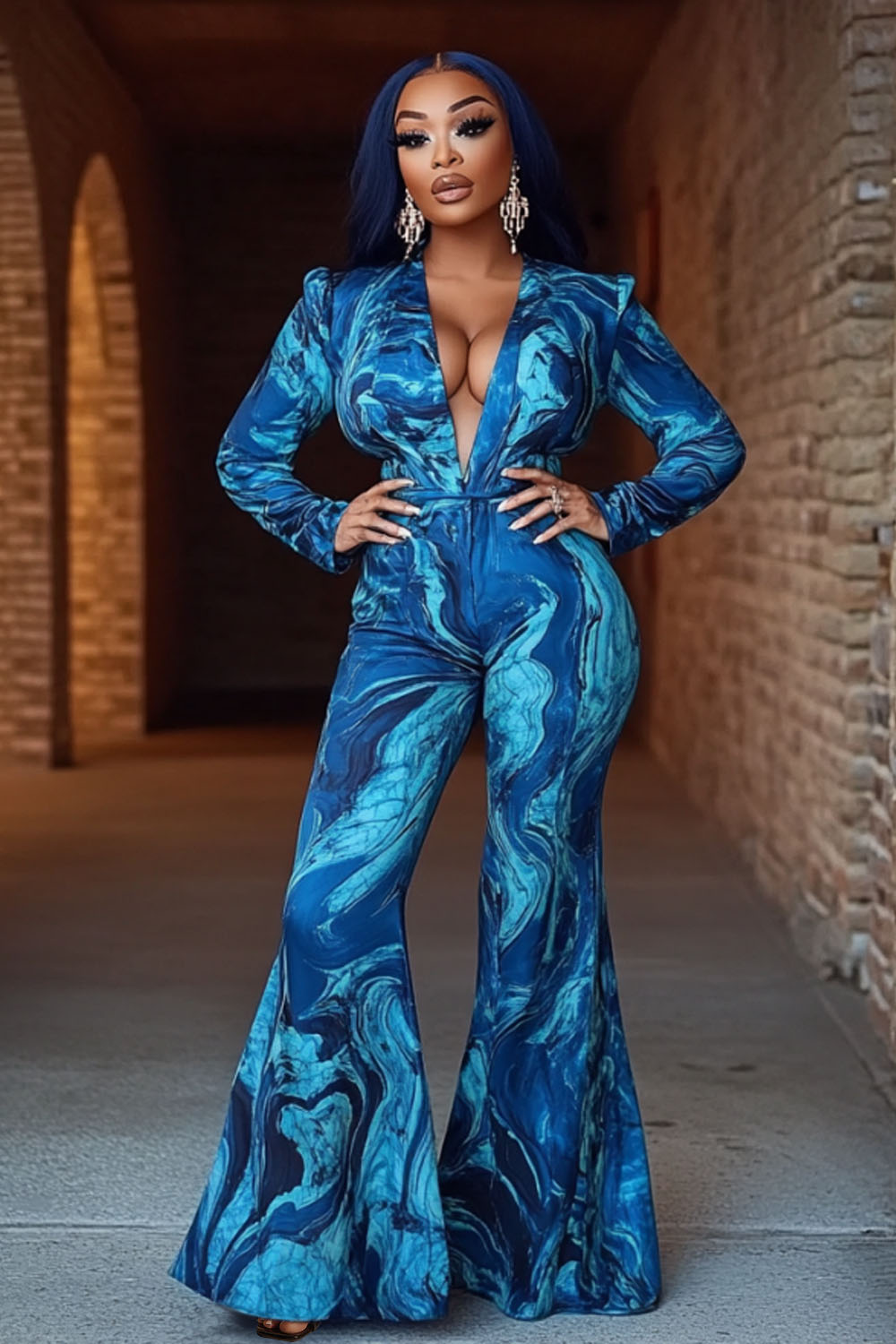 Swirl Print V Neck Long Sleeve Party Flare Leg Jumpsuit-Blue [Pre Order]