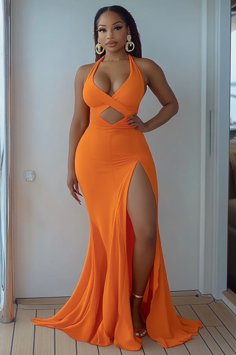 Halter Cutout Slit Solid Party Maxi Fishtail Dresses-Orange [Pre Order]