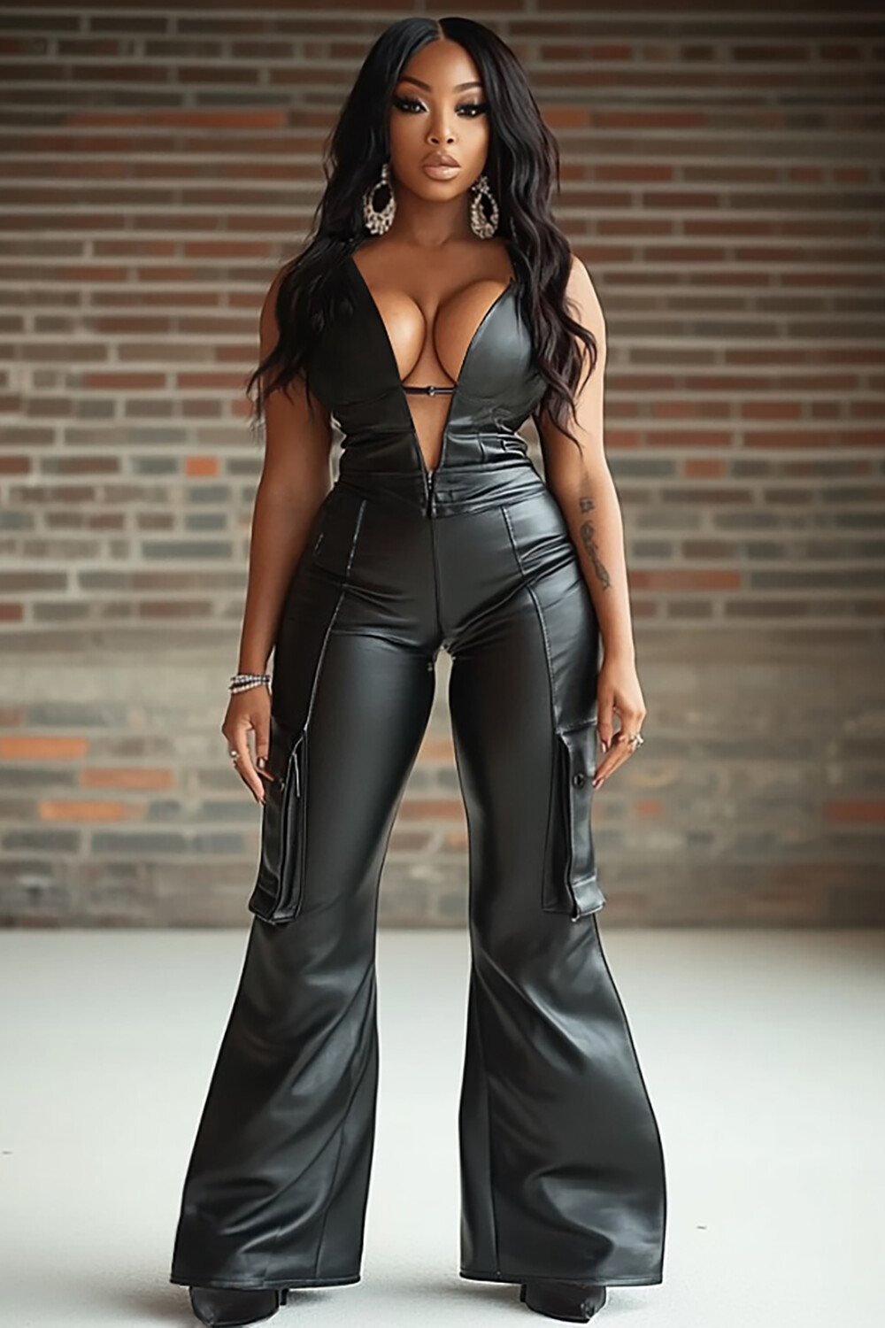 Deep V Neck Flared Leg Faux Leather Sleeveless Jumpsuit-Black [Pre Order]