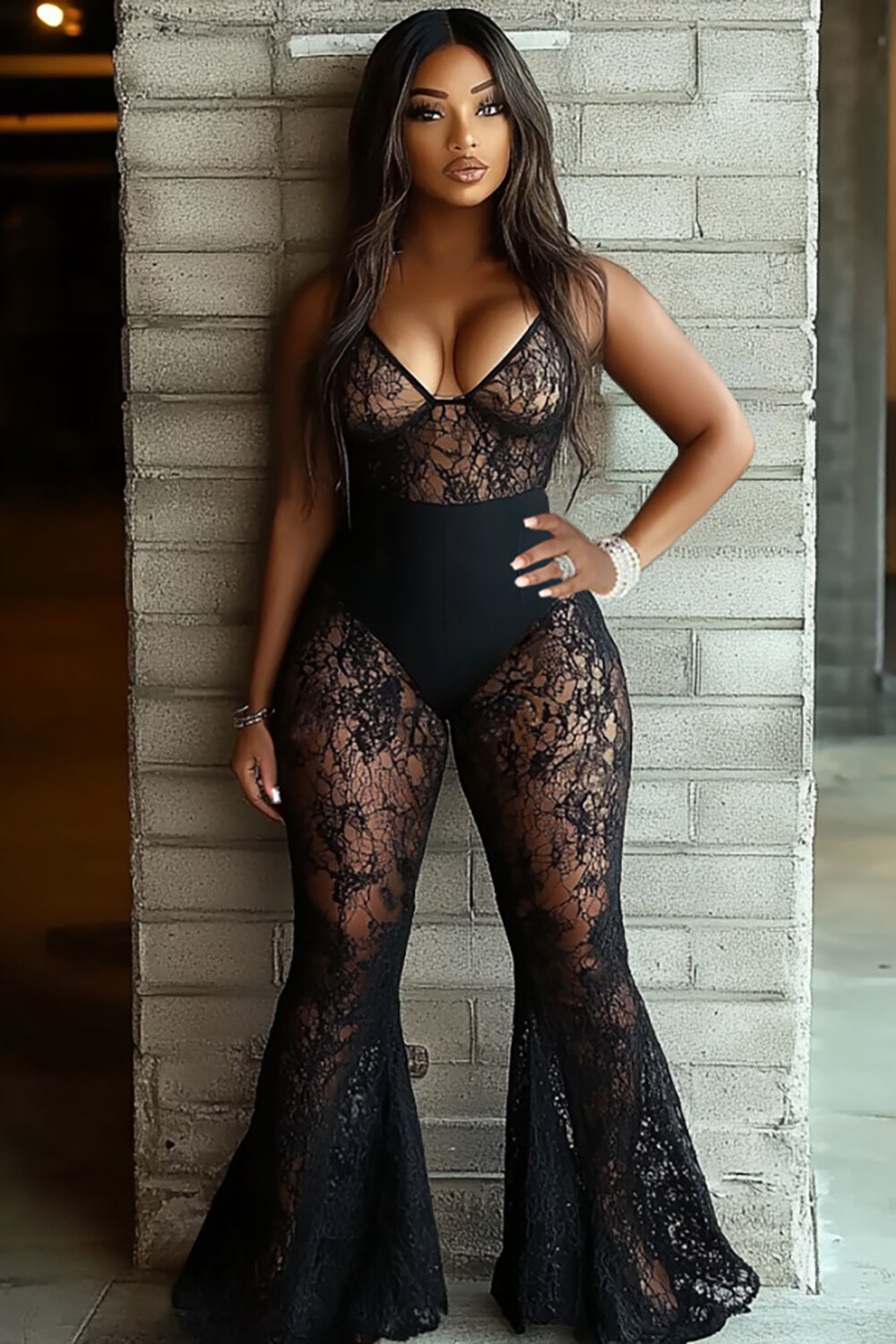Jacquard Lace Flared Leg Sleeveless See Through Jumpsuit-Black [Pre Order]
