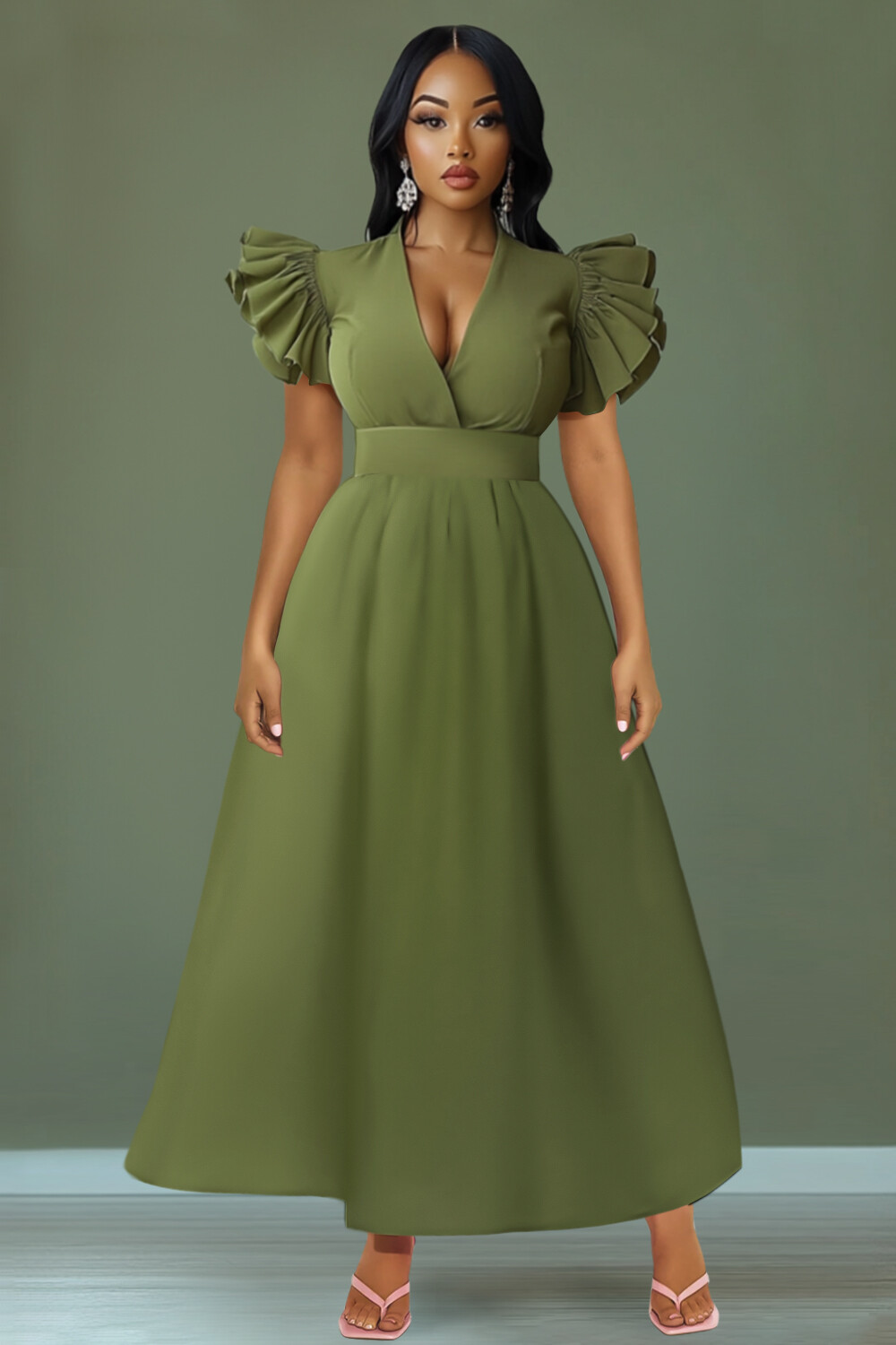 Ruffled Sleeve V Neck Solid Color A-Line Maxi Dresses-Green [Pre Order]