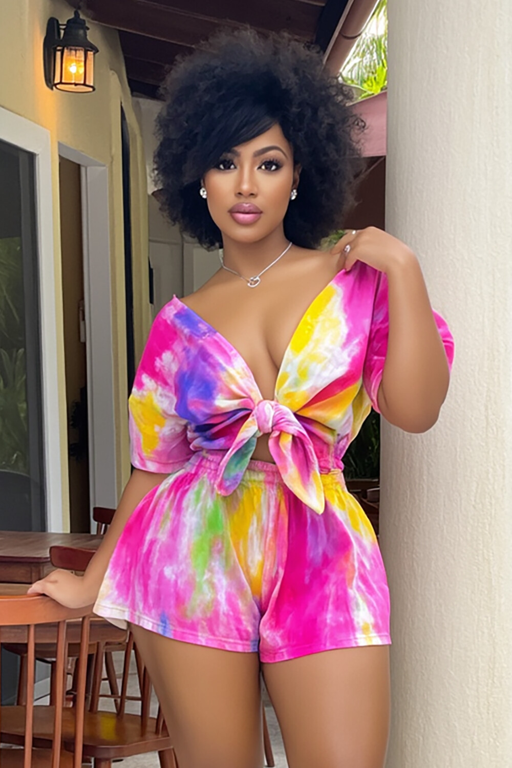 Tie Dye Print Plunge Neck Tie Up Top Shorts 2pcs Set-Fuchsia [Pre Order]