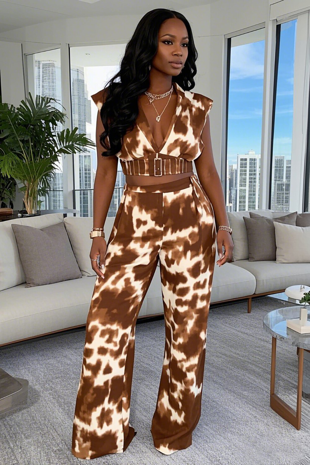 Tie Dye Print Sleeveless Crop Top Wide Leg Pants 2pcs Set-Brown [Pre Order]