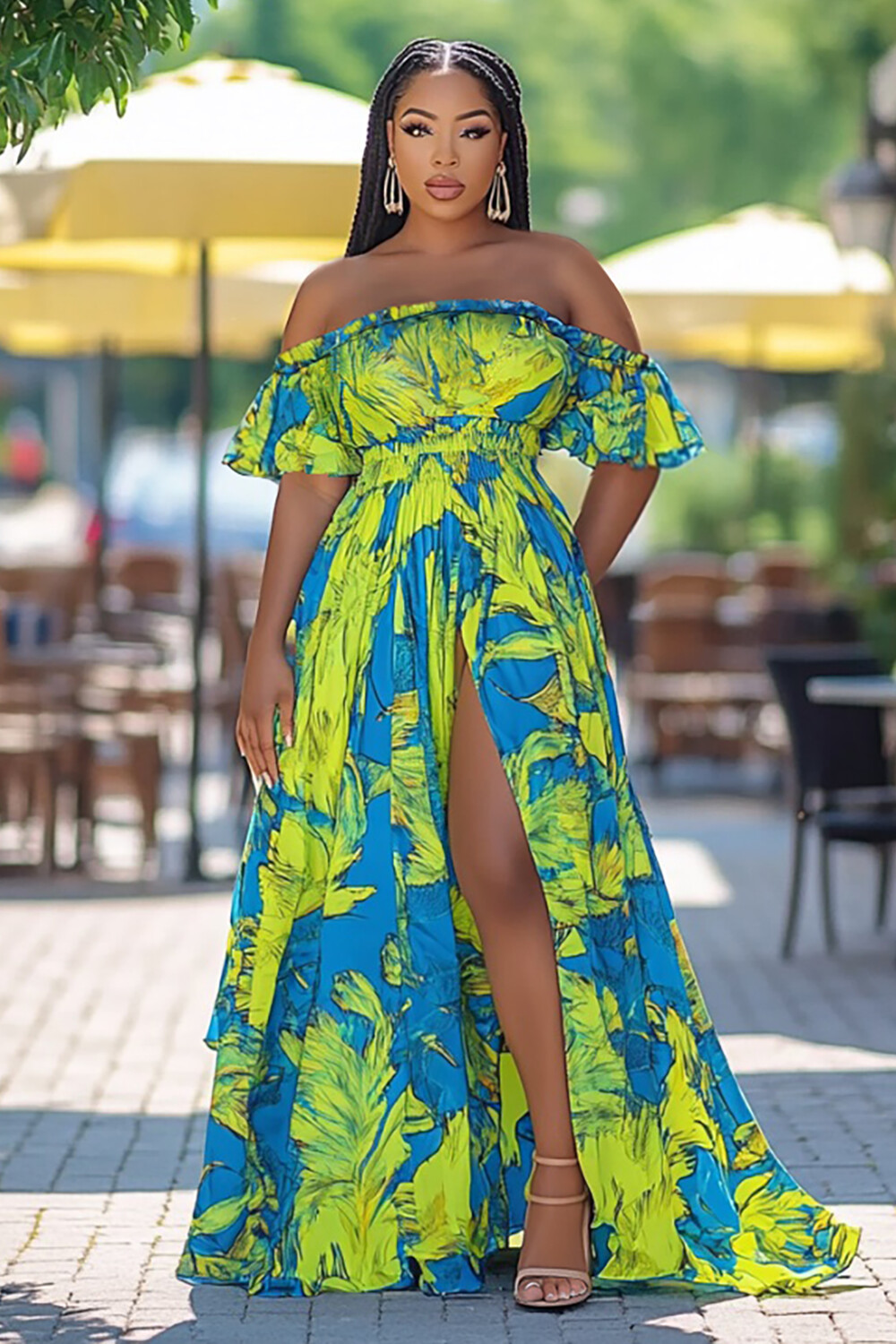 Tropical Print Off Shoulder Draped Sleeve Slit Maxi Dresses-Blue [Pre Order]