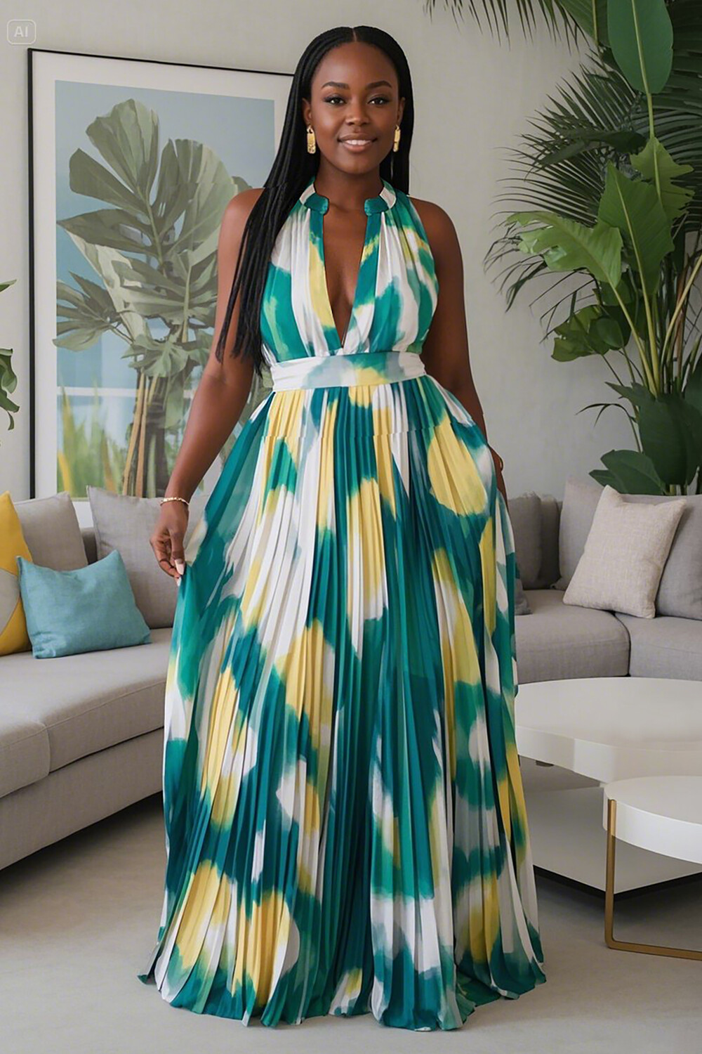 Plunge Neck Sleeveless Pleated Graphic Print Maxi Dresses-Green [Pre Order]