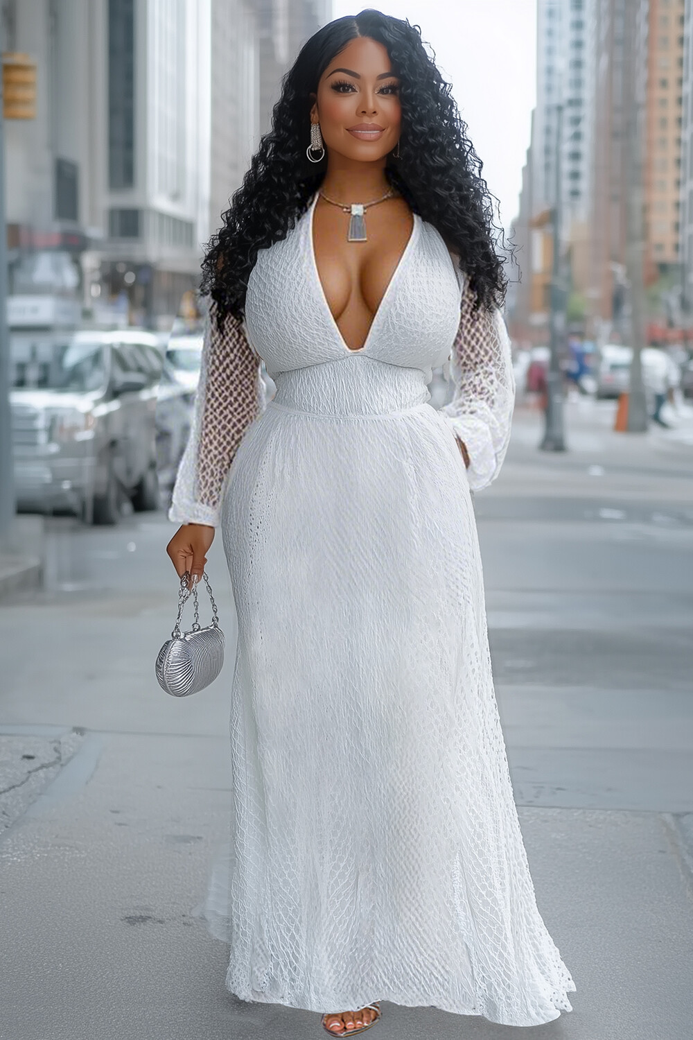 Deep V Neck Long Sleeve Cinch Waist Textured Maxi Dresses-White [Pre Order]