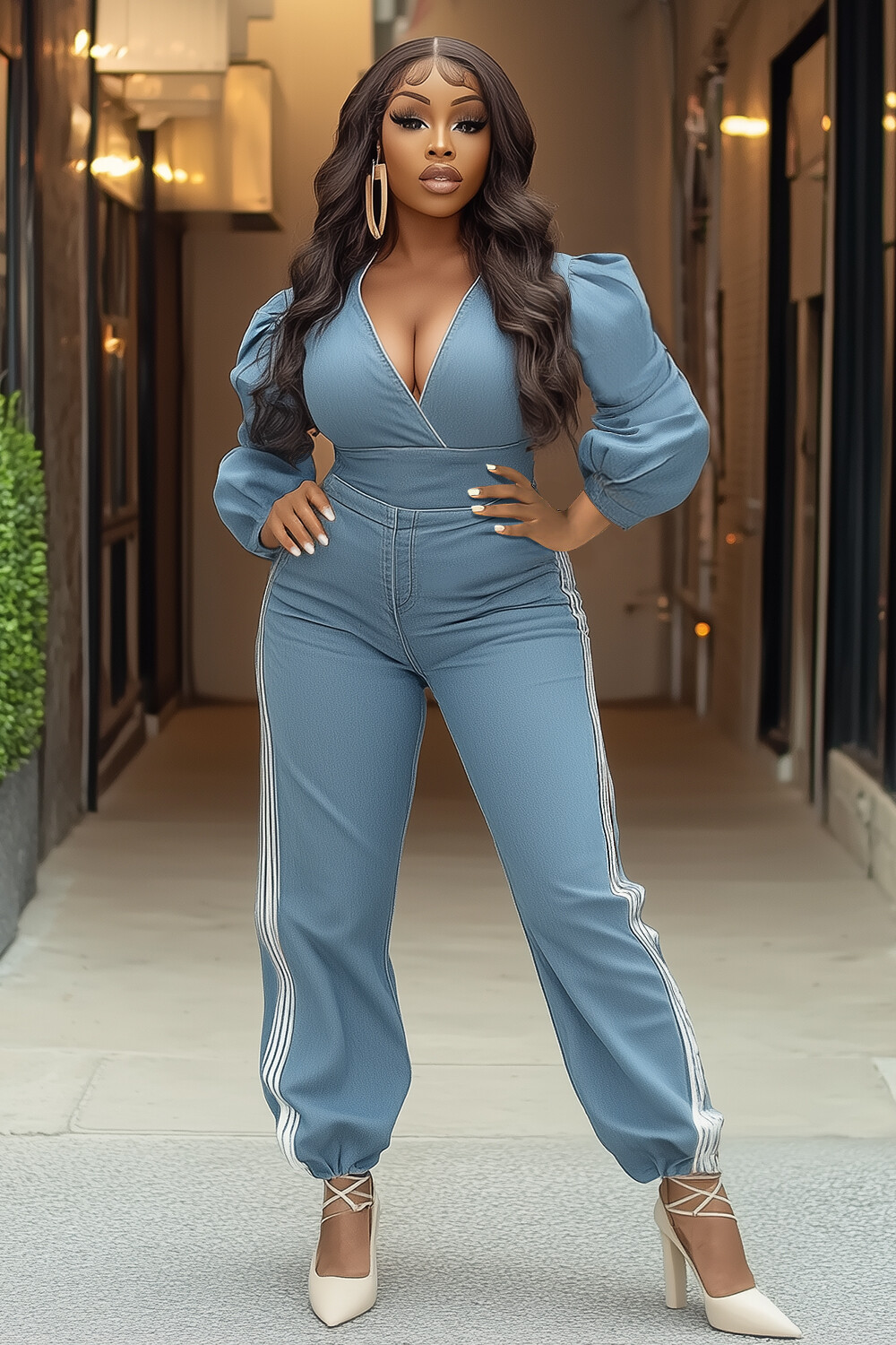 Plunge Neck Lantern Sleeve Side Striped Denim Jumpsuit-Blue [Pre Order]
