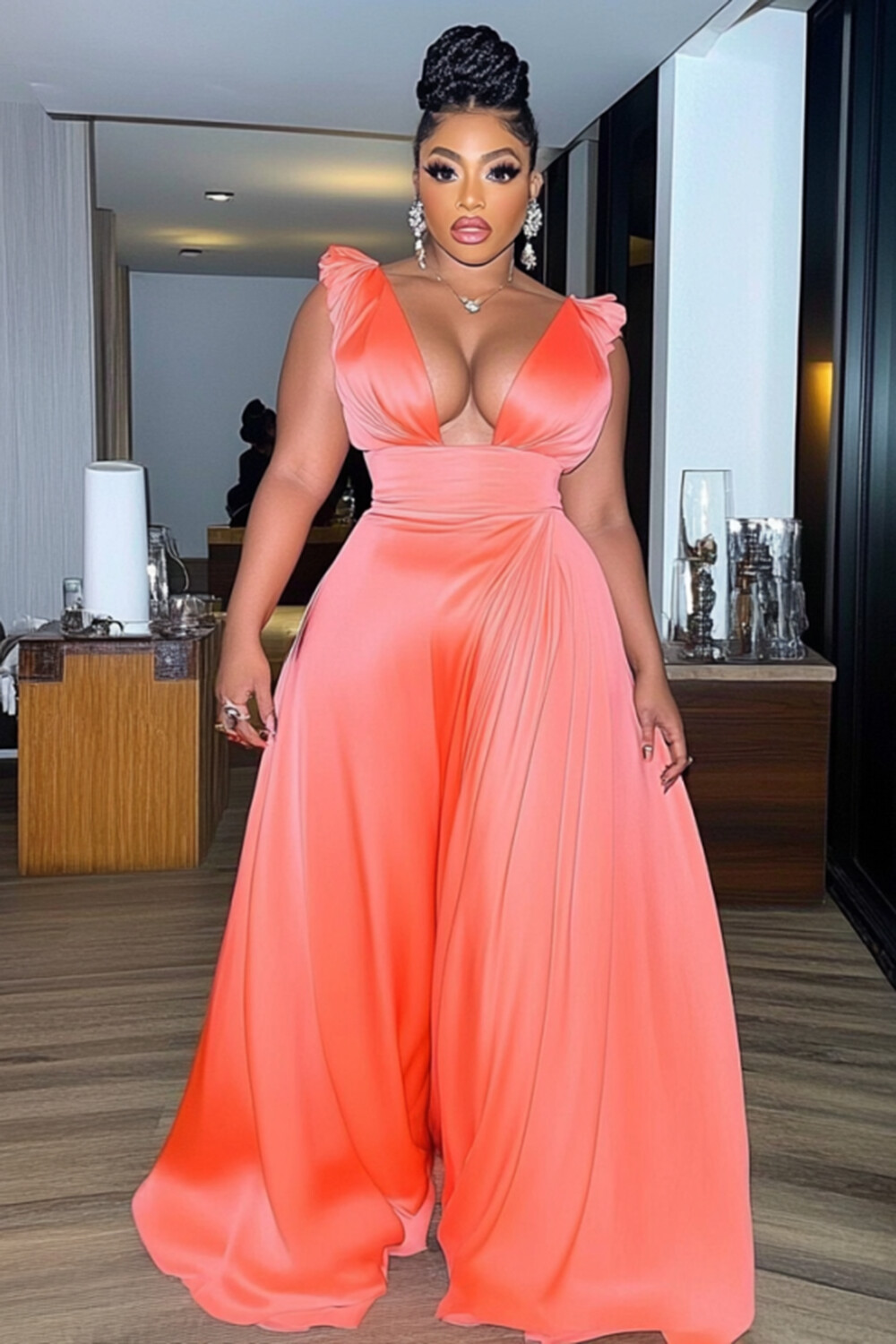 V Neck Sleeveless Cinch Waist Solid Party Maxi Dresses-Orange [Pre Order]