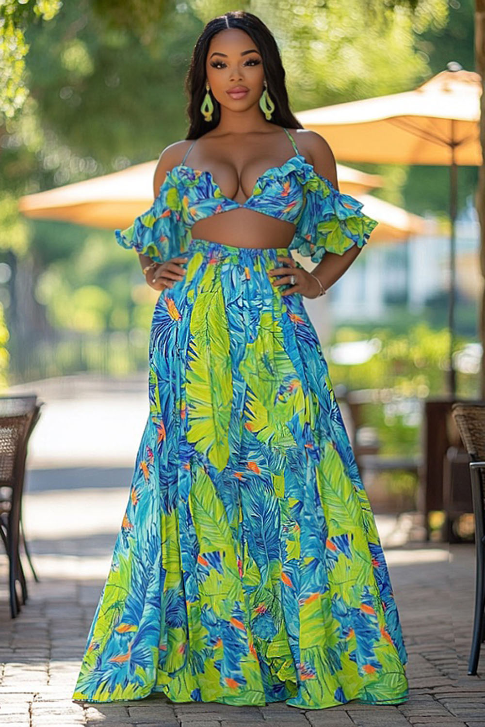 Cold Shoulder Ruffle Top Print Maxi Skirt Vacay 2pcs Set-Green [Pre Order]