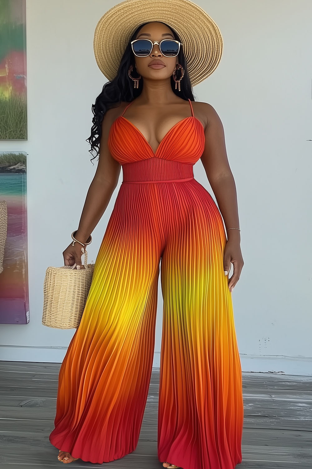 Ombre Print Pleated Cinched Vacation Wide Leg Jumpsuit-Orange [Pre Order]