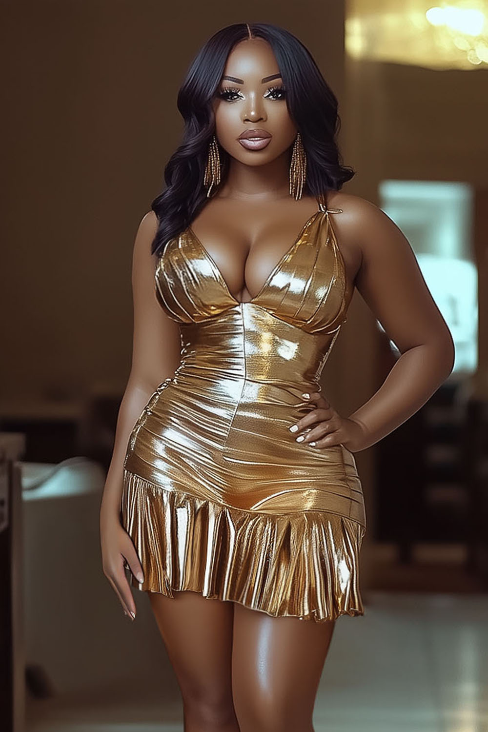 V Neck Quilted Hem Slim-Fit Metallic Party Mini Dresses-Gold [Pre Order]