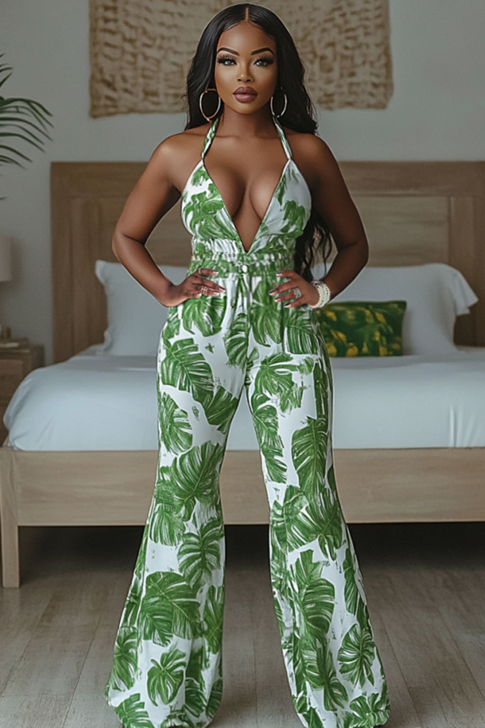 Monstera Print Halter V Neck Vacation Flare Leg Jumpsuit-Green [Pre Order]