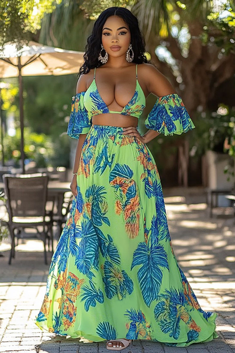 Monstera Print Triangle Cami Bikini Top Maxi Skirt 2pcs Set-Green [Pre Order]