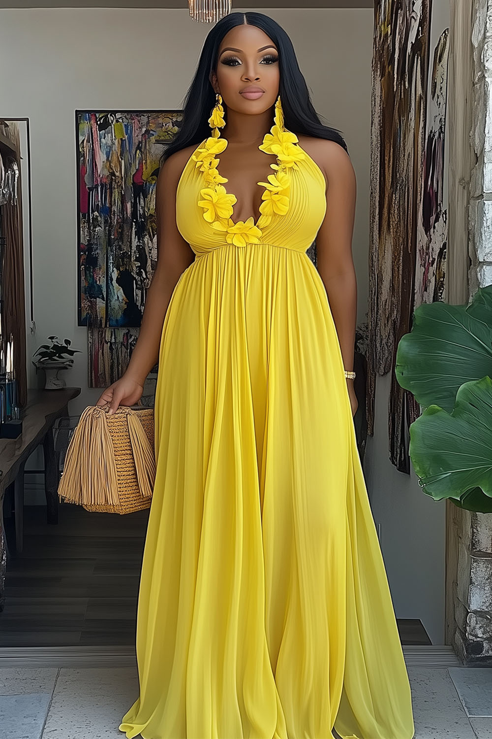 3D Flower V Neck Halter Gathered Vacation Maxi Dresses-Yellow [Pre Order]
