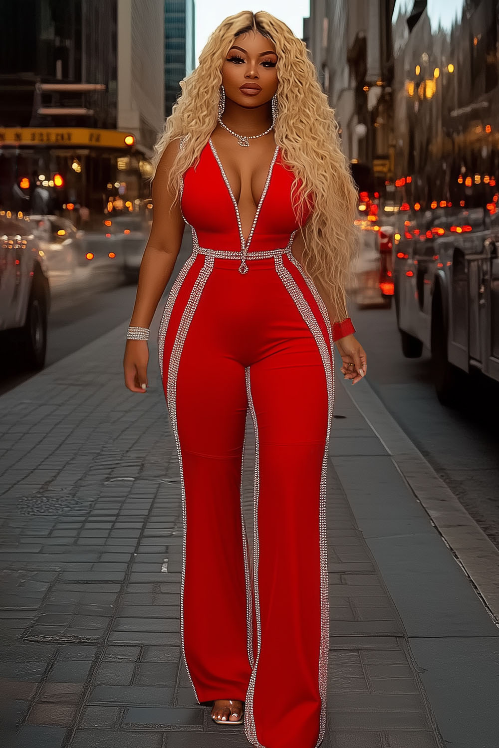 Zip-Up V Neck Cinched Rhinestone Sleeveless Party Jumpsuit-Red [Pre Order]