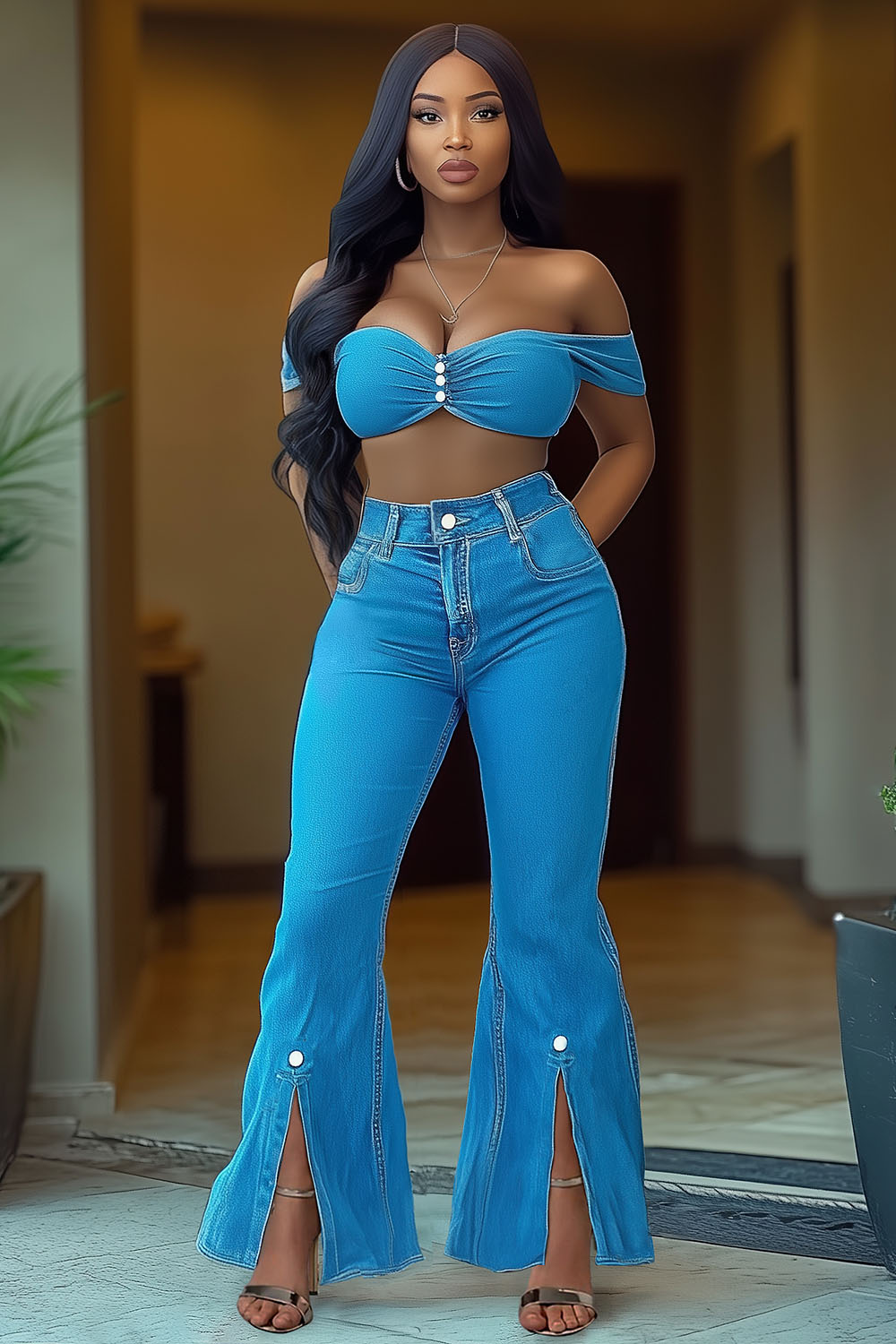 Off Shoulder Crop Top Slit Flare Leg Pants Denim 2pcs Set-Blue [Pre Order]
