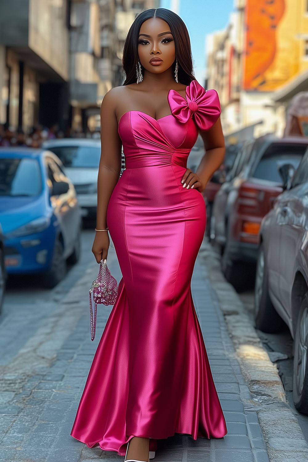 One Shoulder 3D Flower Party Satin Maxi Fishtail Dresses-Fuchsia [Pre Order]