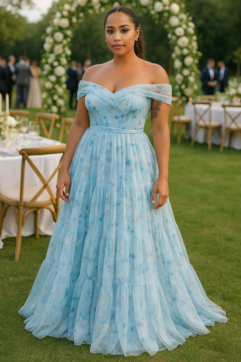 Off Shoulder Floral Print Tiered Party Maxi Tulle Dresses-Blue [Pre Order]