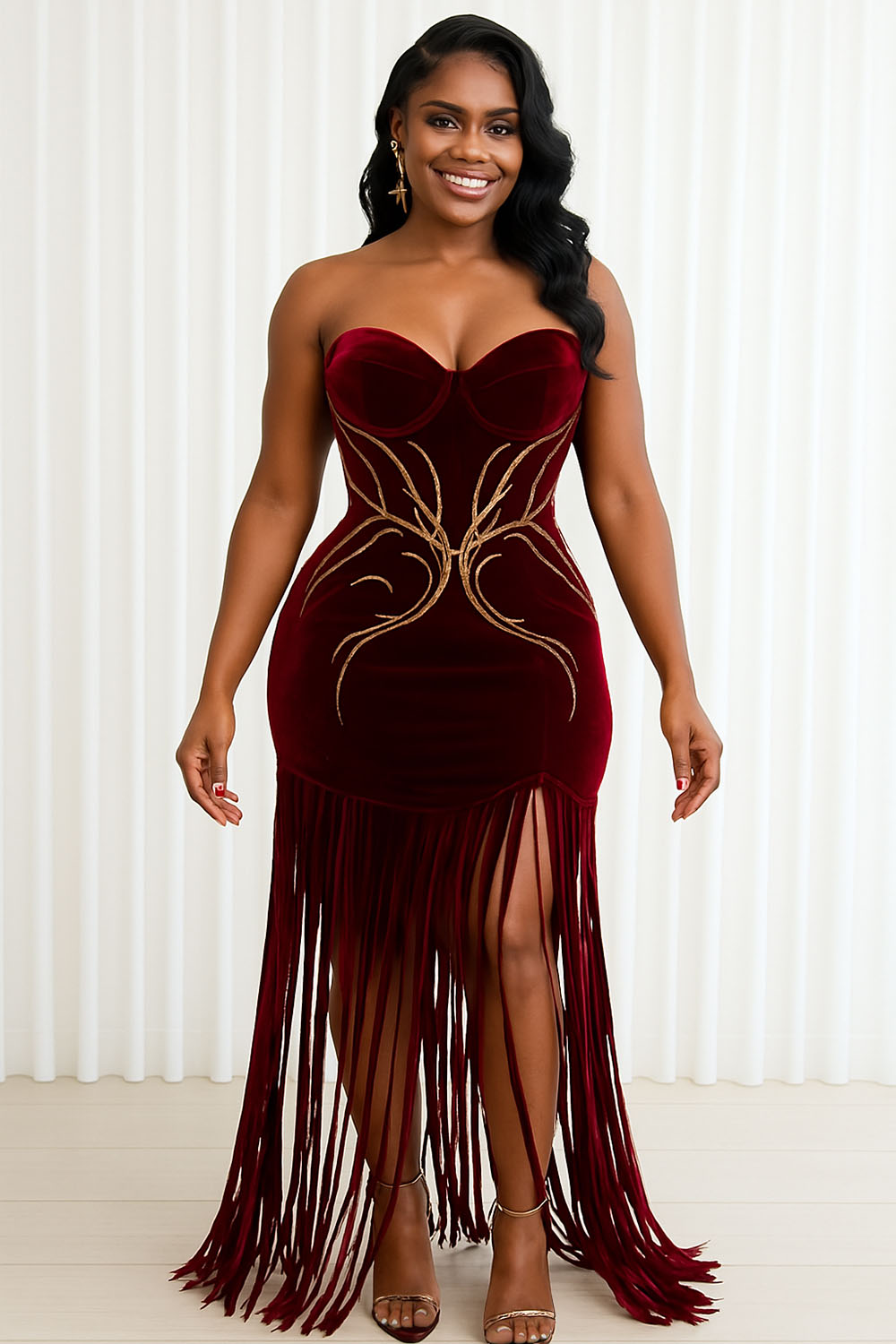 Strapless Fringe Hem Pattern Velvet Party Maxi Dresses-Burgundy [Pre Order]