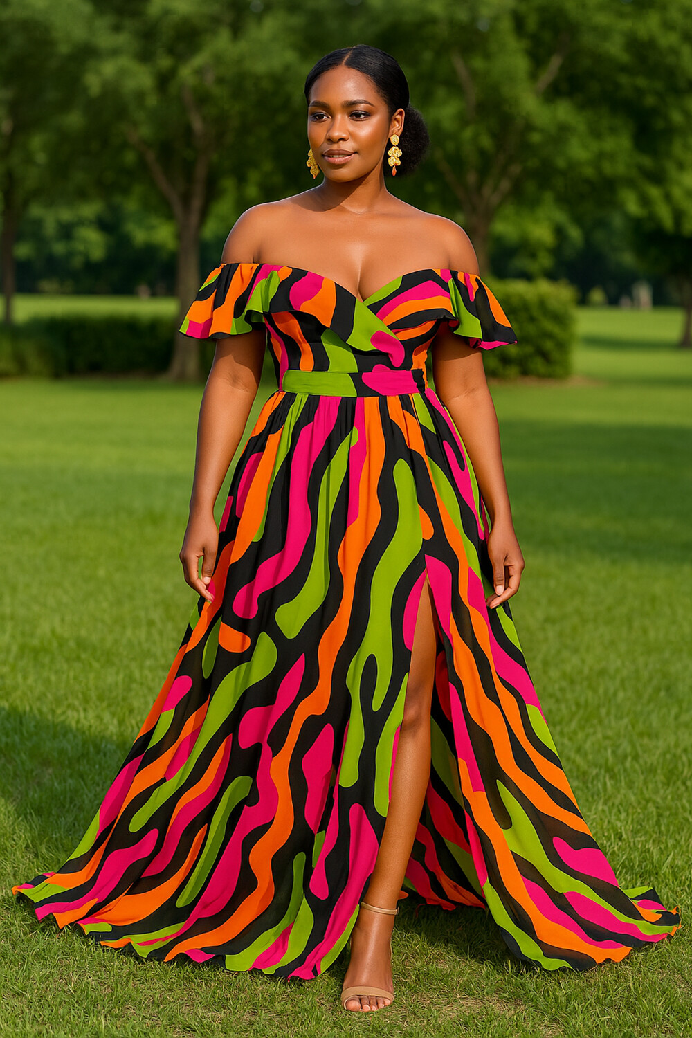 Off Shoulder Ruffle Colorblock Print Party Maxi Dresses-Orange [Pre Order]
