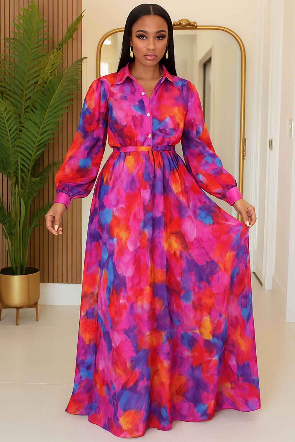 Multicolor Print Bell Sleeve Button Up Maxi Dresses-Fuchsia [Pre Order]