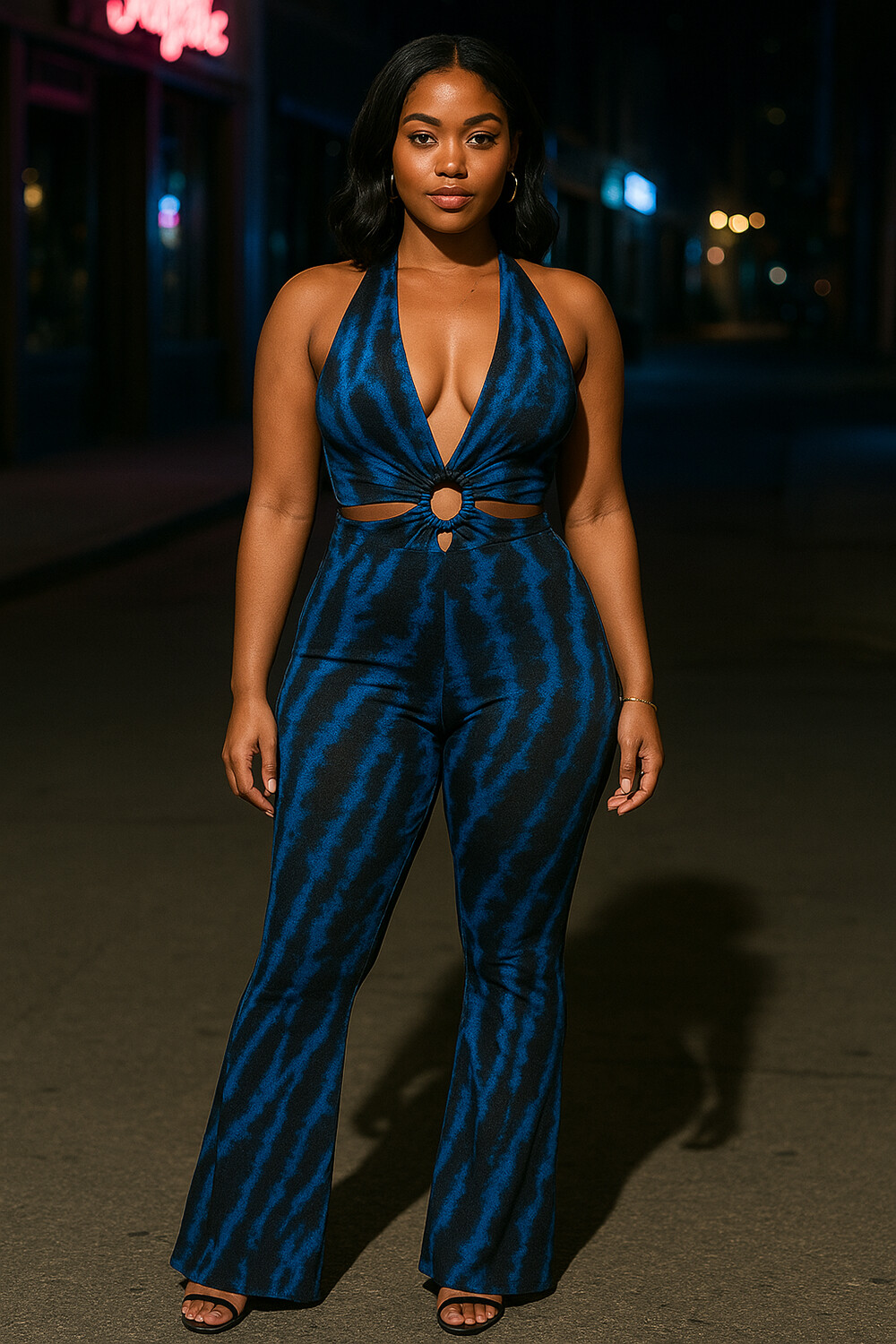 Deep V Halter O-Ring Cutout Tie Dye Print Party Jumpsuit-Blue [Pre Order]