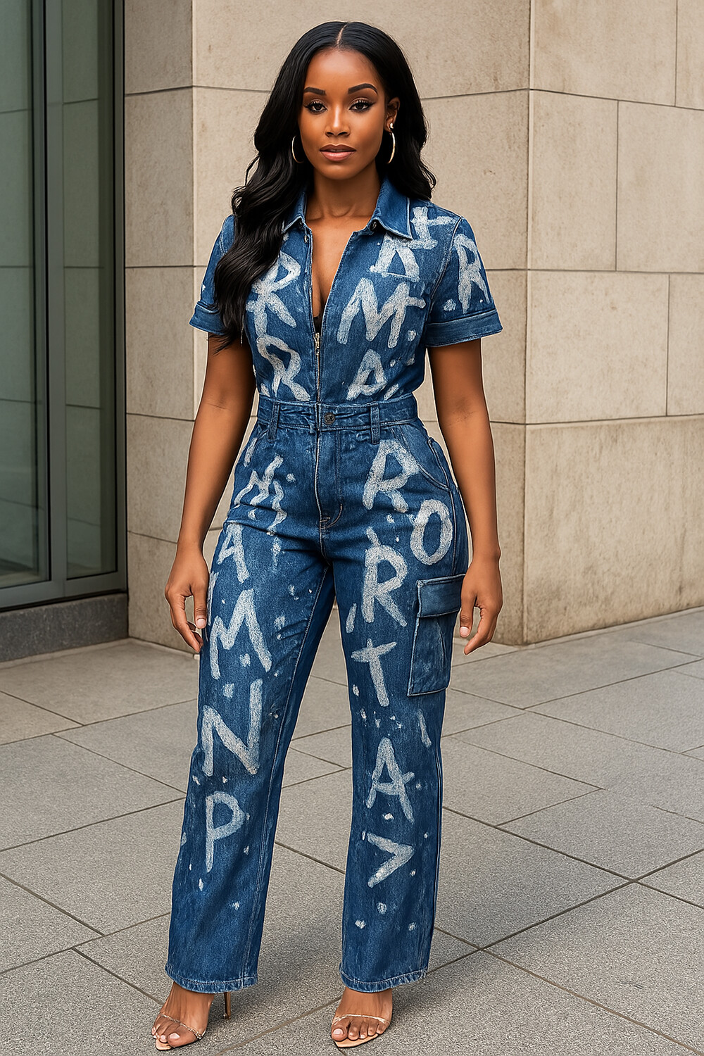 Letter Print Short Sleeve Cinched Pocket Denim Jumpsuit-Blue [Pre Order]