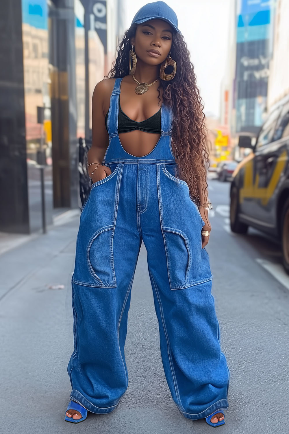 Seam Detail Cargo Pocket Daily Denim Wide Leg Overalls-Blue [Pre Order]
