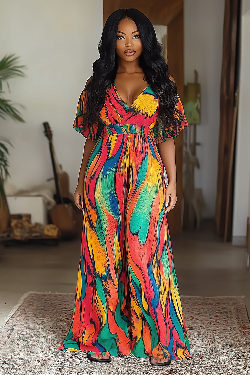 Print Overlap V Neck Short Sleeve Vacation Flare Leg Jumpsuit-Red [Pre Order]