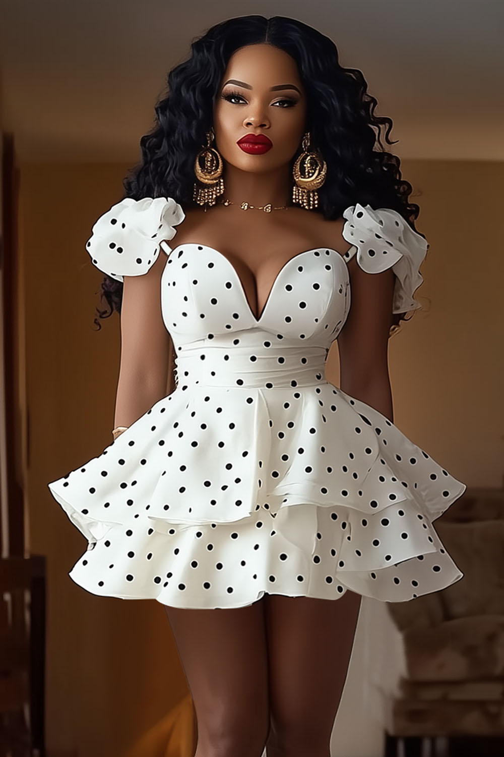 Polka Dot Print Ruffle Cinch Waist Tiered Mini Dresses-White [Pre Order]