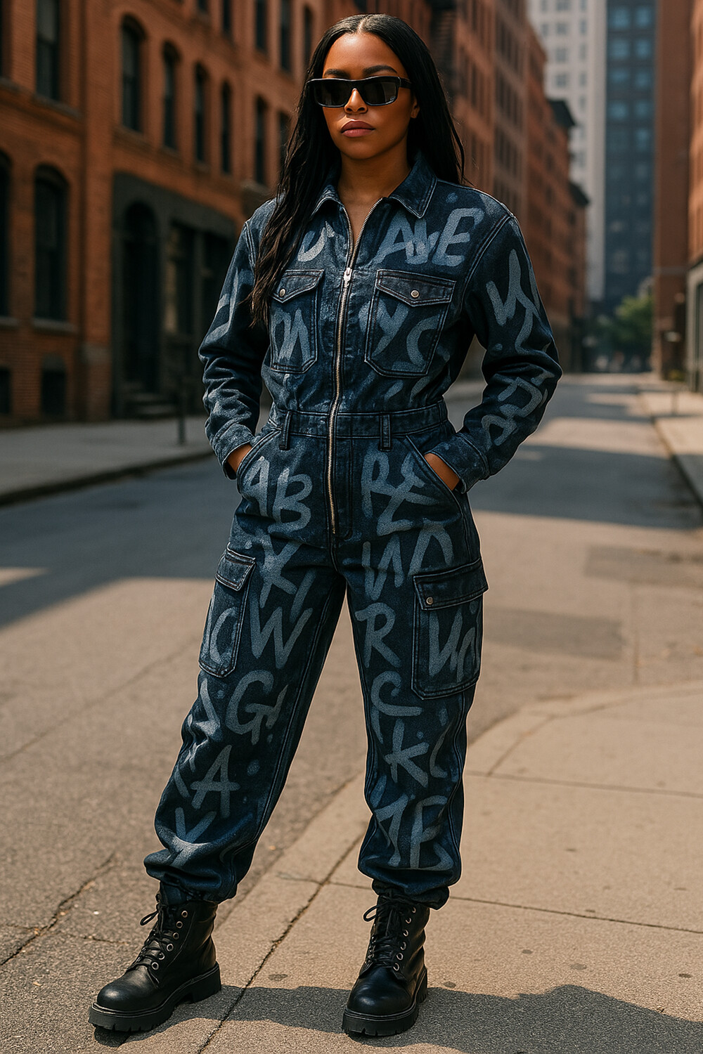 Letter Print Zip-Up Long Sleeve Cinched Denim Jumpsuit-Blue [Pre Order]